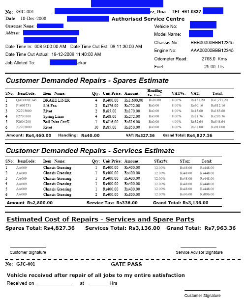 Job Card with Service and spares estimate