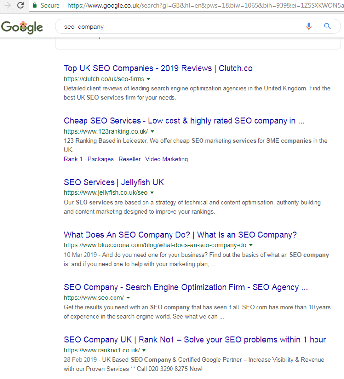 SEO Company organic results