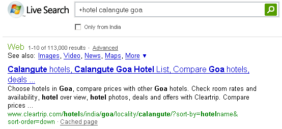 Search for hotel calangute goa using Live Search
