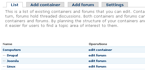 Drupal  - Creating a container for a forum