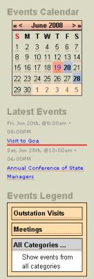Joomla Events Overview Showing Calendar, Latest Events and Legend