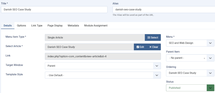 Joomla -  Creating a  Menu Link 