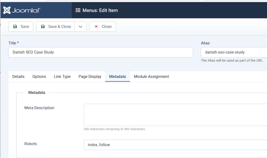 Joomla -SEO settings for page display in menu