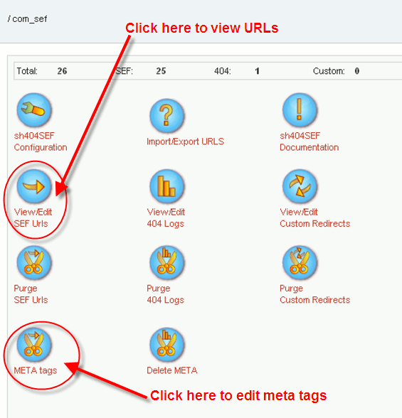 Joomla - SH404SEF control panel