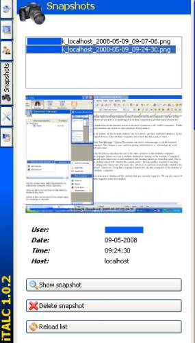 Snapshots Panel in iTALC - Select and view snapshots