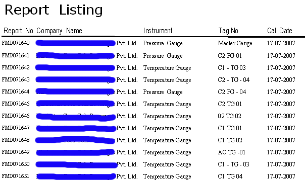 Calibration Reports Listing