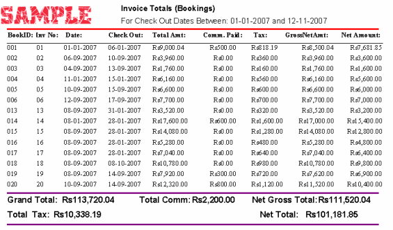 Report of Invoice Totals for Bookings