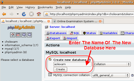 Creating a new MySQL database using phpMyAdmin