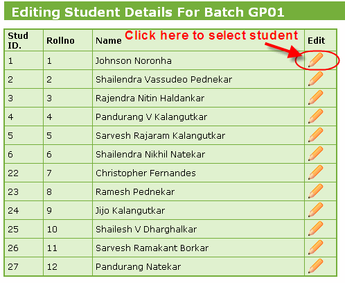 Selecting student for editing details