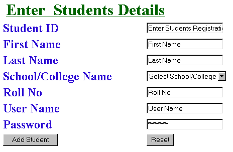 Entering Student Details Of Online Examination System