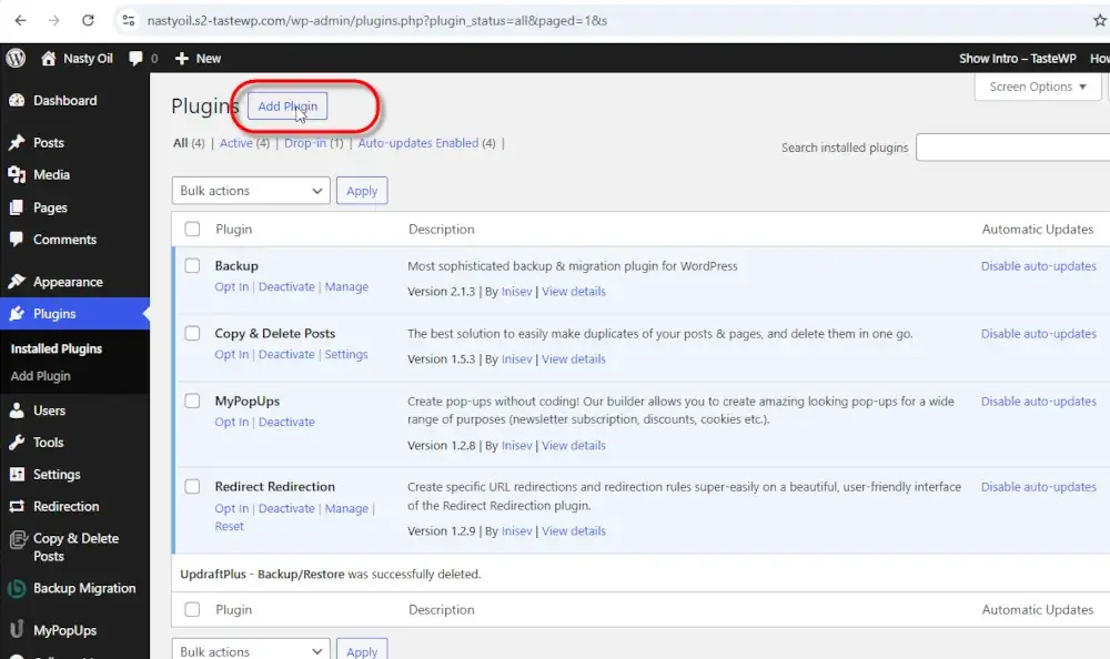 Lista de plugins instalados no painel de administração do WordPress