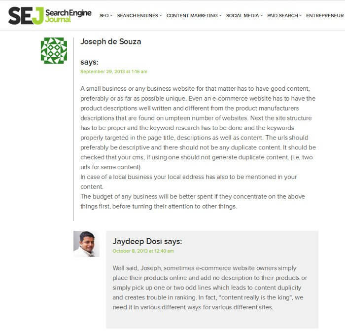 O meu comentário em Search Engine Journal