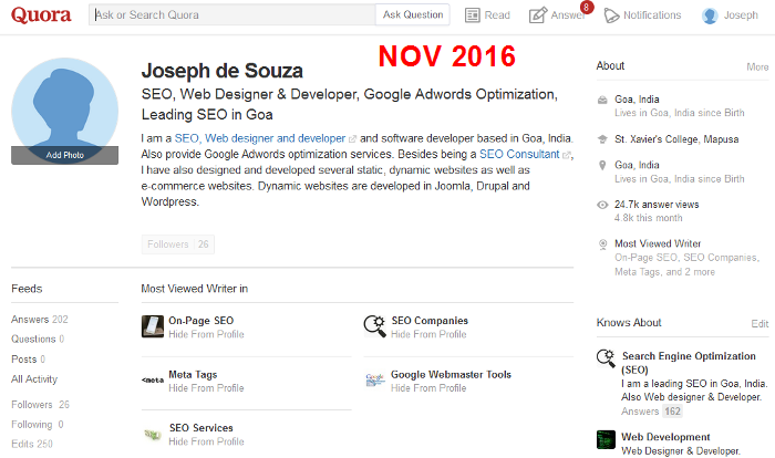 Perfil Quora de Joseph de Souza