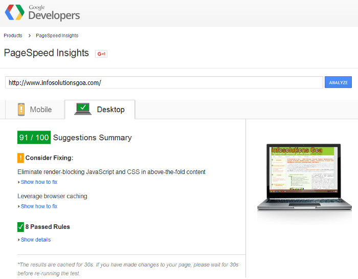 Teste com Google PageSpeed Insights