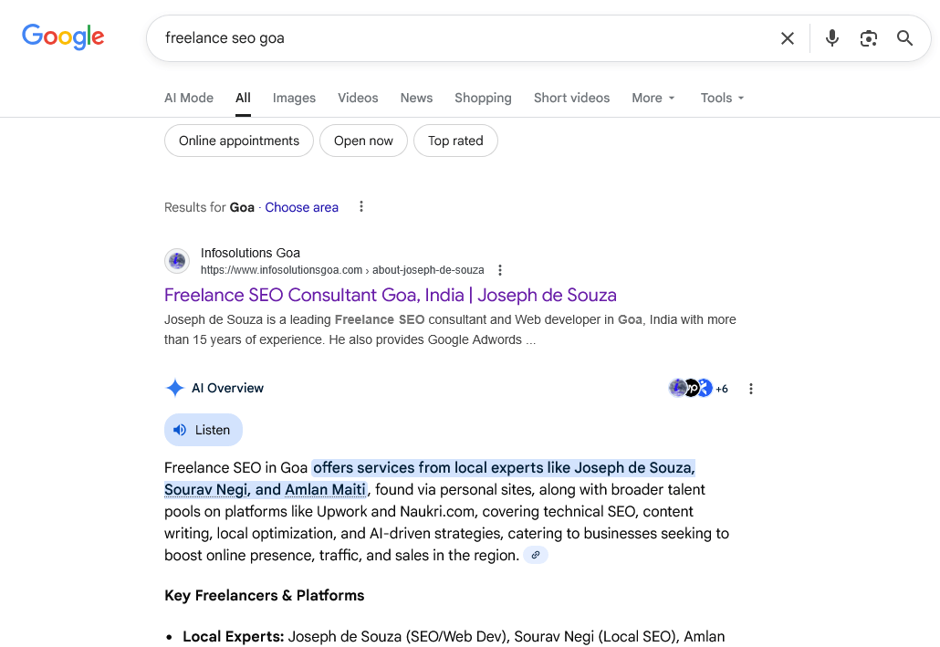 freelance seo goa search in google.co.in