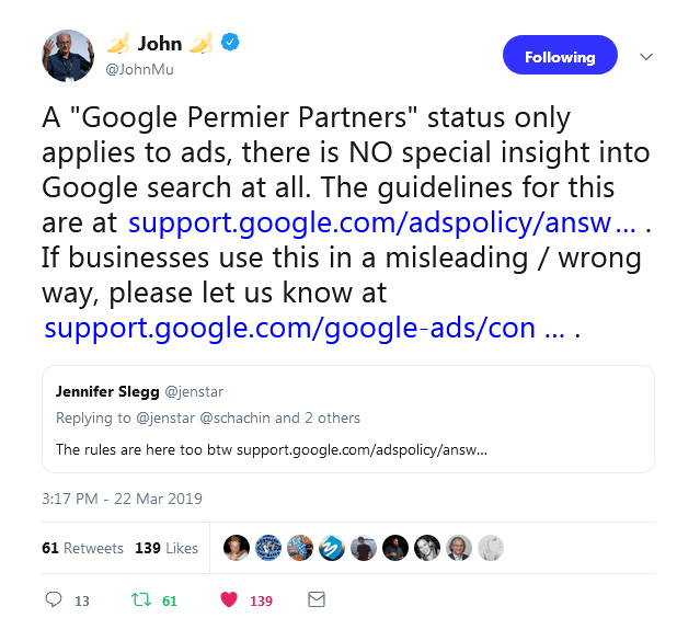 John Mueller - Não existe status de Parceiro Google para SEO