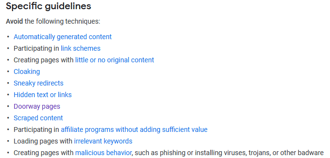 Técnicas a serem evitadas, conforme mencionado nas Diretrizes para Webmasters do Google.