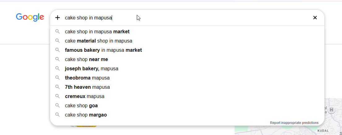 google autocomplete for cake shop mapusa
