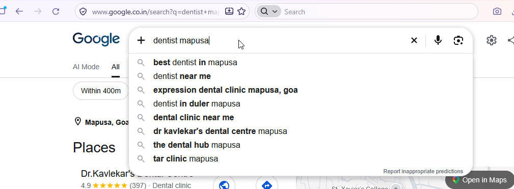 Google suggest or Google autocomplete for Dentist Mapusa