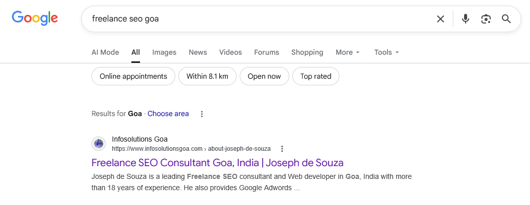 Freelance seo Goa search in Google