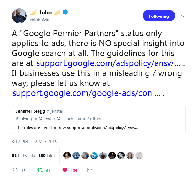 John Mueller - No Google Partner status for SEO