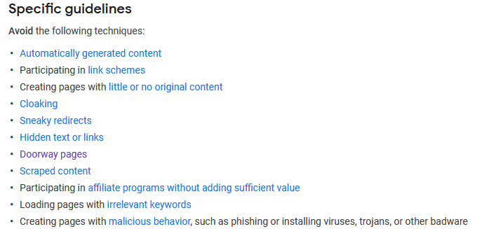 Techniques to avoid mentioned in Google Webmaster Guidelines