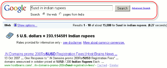 currency conversion using Google  Search
