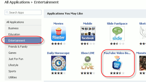 Browse for facebook applications