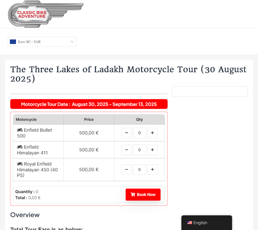 WooCommerce based Motorcycle Tour Booking website screenshot